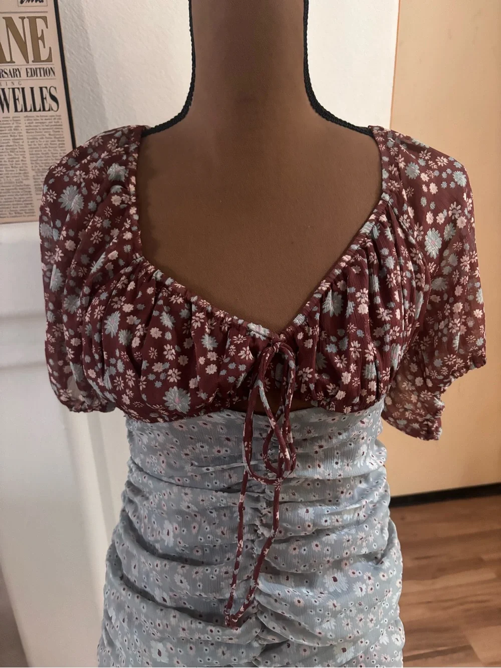 Free People Dress Women's Small Gray Brown Tessa Mini Storm Combo Floral SZ XS.